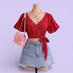 Xhilaration Red Tie Front Blouse Size S Flutter Sleeve Top Cottagecore Boho Chic